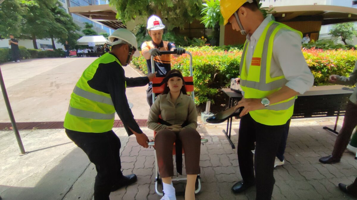Emergency services personnel conducting evacuation exercise