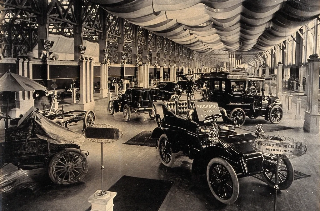 Modern automotive assembly line with vehicles in production