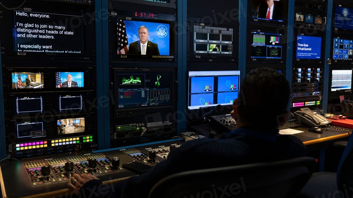 Modern television broadcasting studio with equipment and lighting